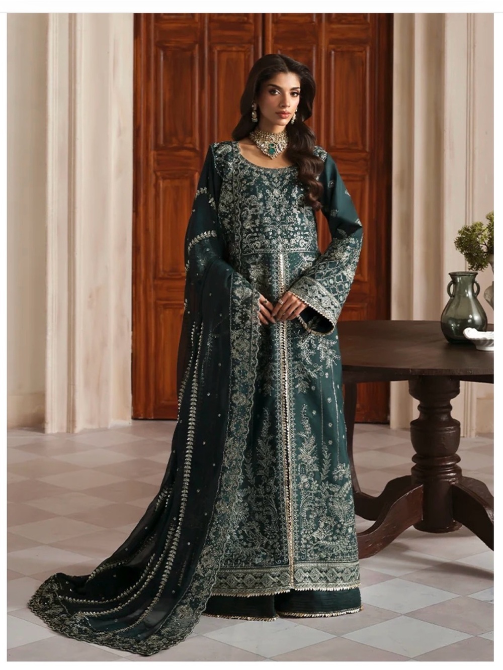 Ornate Dark Teal Embroidered Long-Sleeve Women's Dress with Dupatta
